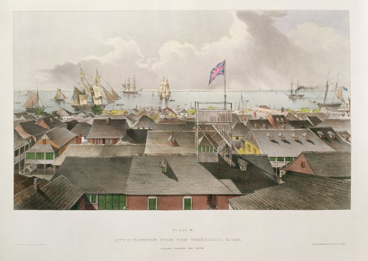 Město Kingston z obchodního domu, pohled na jih, deska 19 z knihy "West Indian Scenery: Illustrations of Jamaica", vyryl autor, vyd. 1838-40 od Joseph Bartholomew Kidd