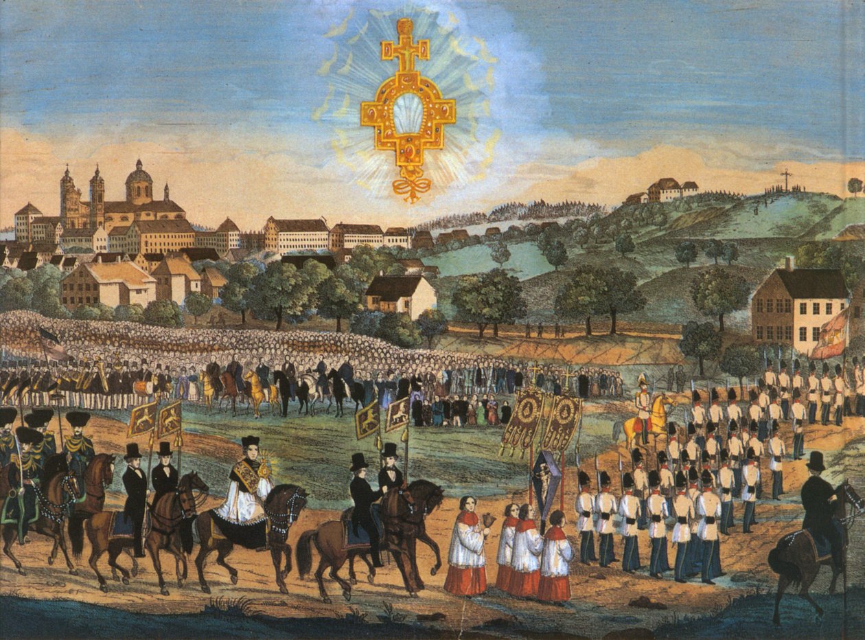 Altdorf-Weingarten, procesí svaté krve v roce 1849 nebo v následujících letech; barevná litografie, varianta s relikvií Svaté krve v nebi od Joseph Bayer