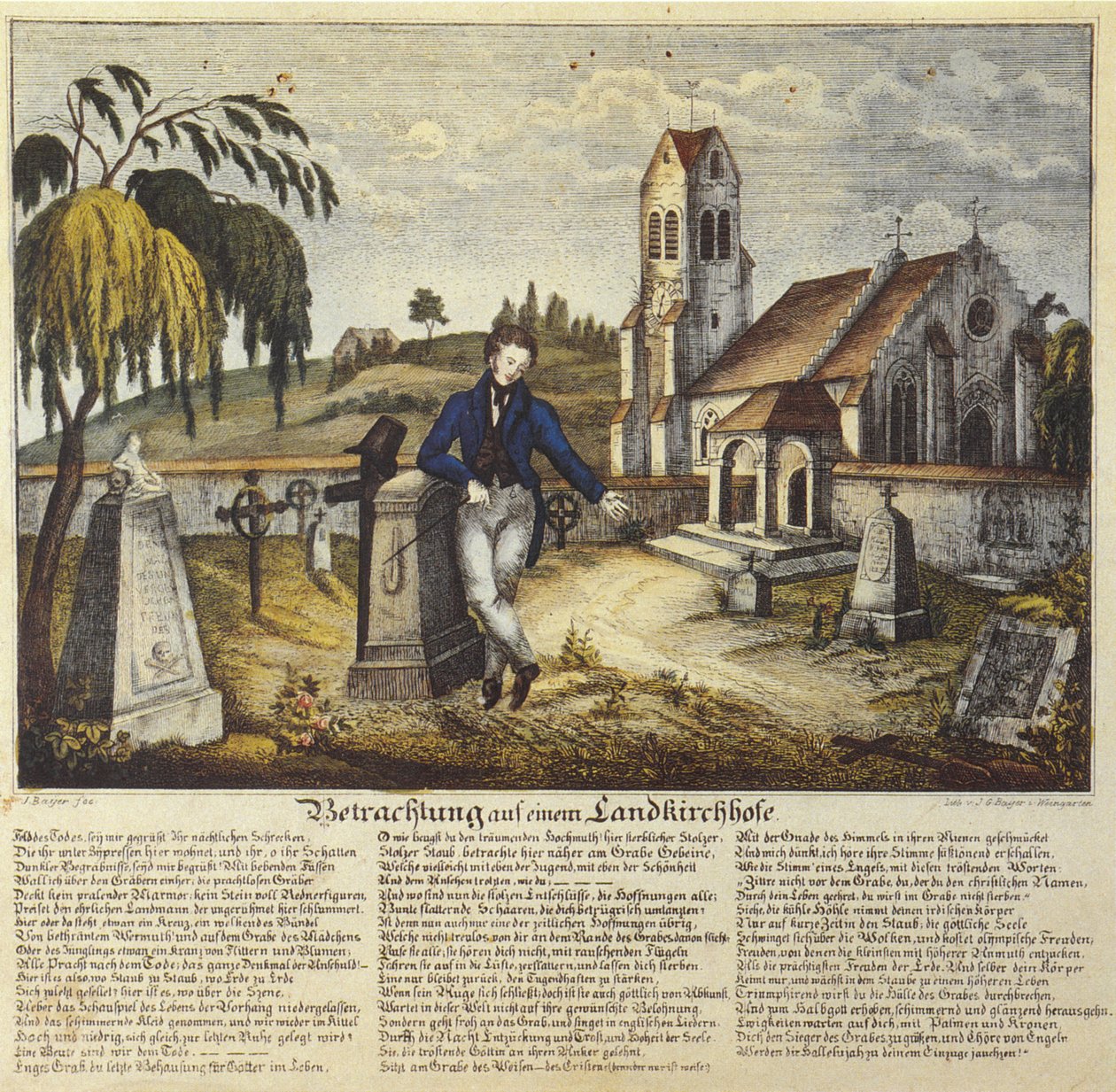 Rozjímání na venkovském hřbitově, zbožný obrázek s modlitebním textem, kresba Joseph Bayer od Joseph Bayer