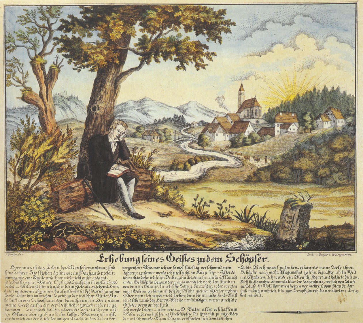 Povýšení jeho ducha na tvůrce, zbožný obraz s modlitebním textem, barevná litografie, před rokem 1846 od Joseph Bayer