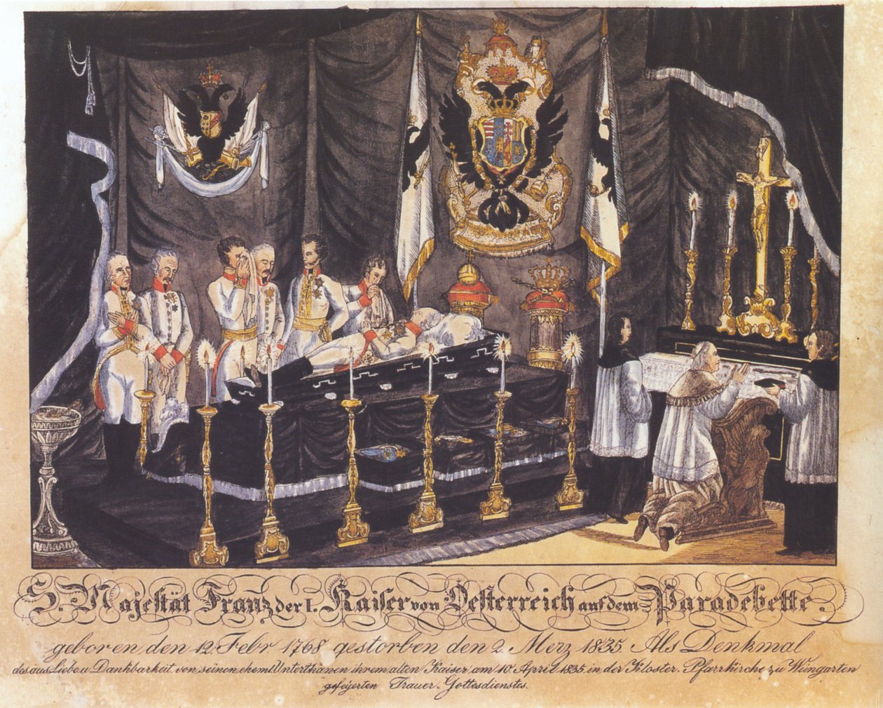Veličenstvo Franz I, rakouský císař na přehlídkové posteli, barevná litografie, 1835 od Joseph Bayer