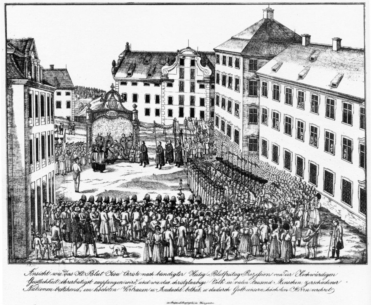 Weingarten, klášterní nádvoří, recepce Relikvie svaté krve duchovenstvem po průvodu Svaté krve, počátek 40. let 19. století od Joseph Bayer