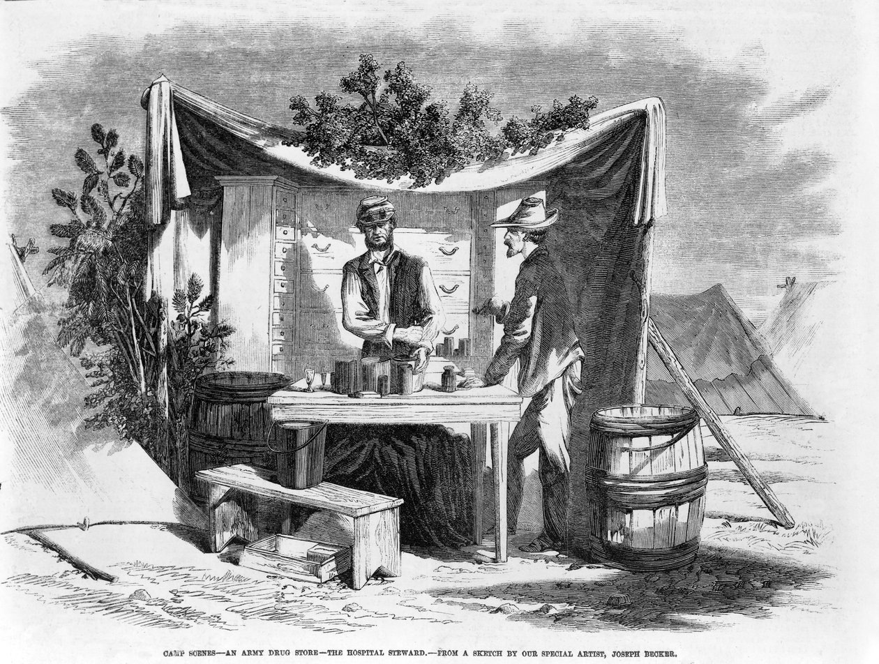 Táborové scény - Armádní drogerie - správce nemocnice, hospoda. 1864 od Joseph Becker