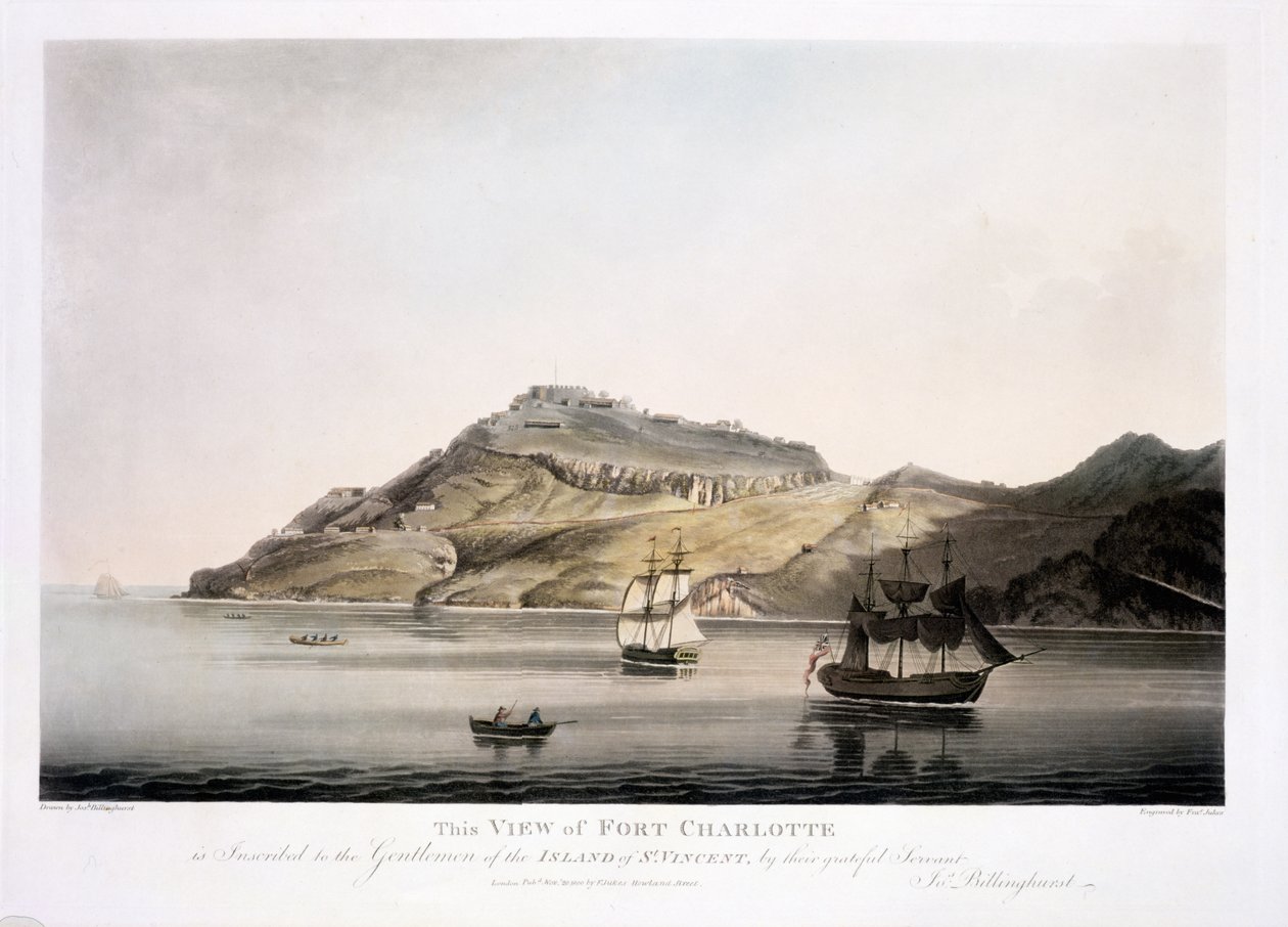 Pohled na pevnost Charlotte na ostrově Svatý Vincenc, vyryl a vydal Francis Jukes (1747-1812), 1800 (kolorovaná akvatinta) od Joseph Billinghurst