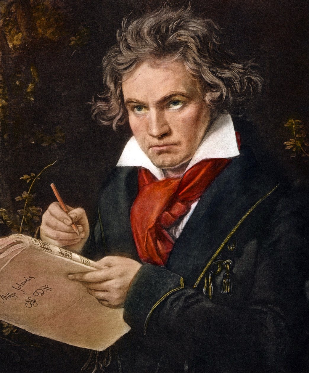 Ludwig van Beethoven drží Missa Solemnis barevné lito od Joseph Carl Stieler