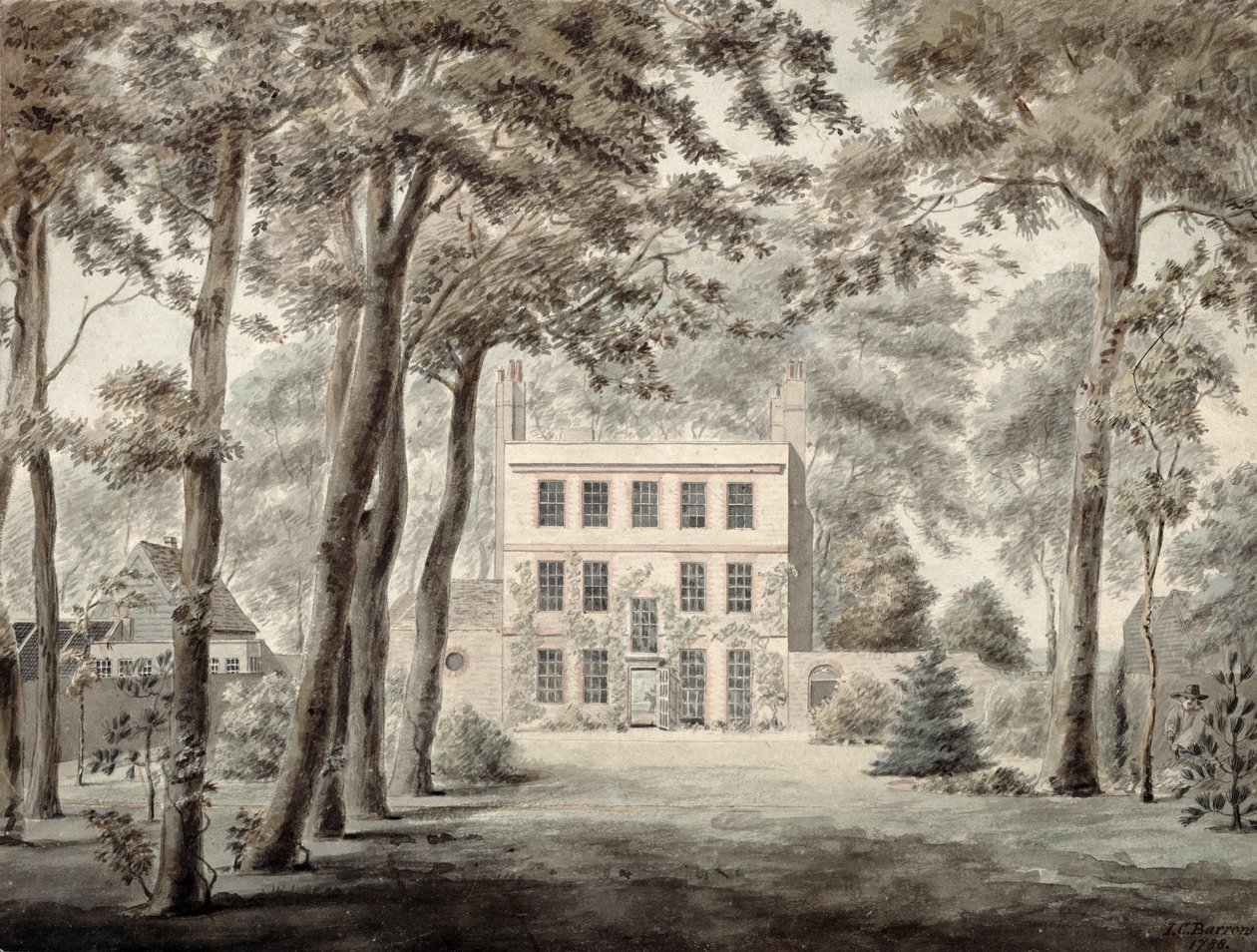 Zahradník pracující na pozemku elegantního venkovského domu, 1788 (tužka, inkoust a wc) od Joseph Charles Barrow