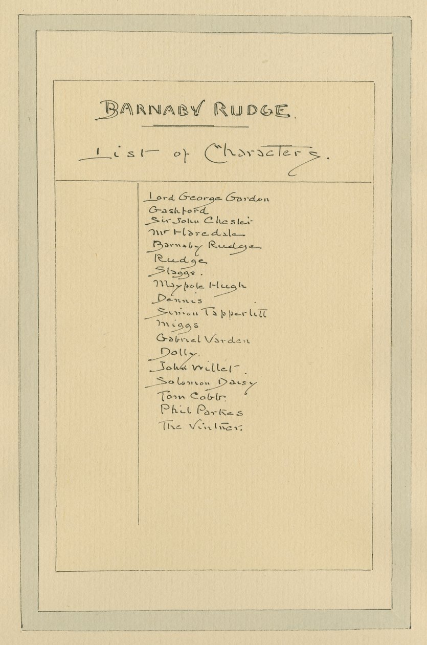 Seznam postav pro Barnaby Rudge, cca 20. léta (pero a inkoust s wc na papíře) od Joseph Clayton Clarke