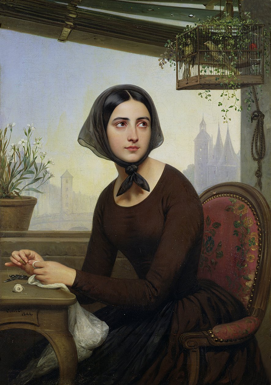 Rigolette se snaží rozptýlit během Germainovy nepřítomnosti, 1844 od Joseph Desire Court