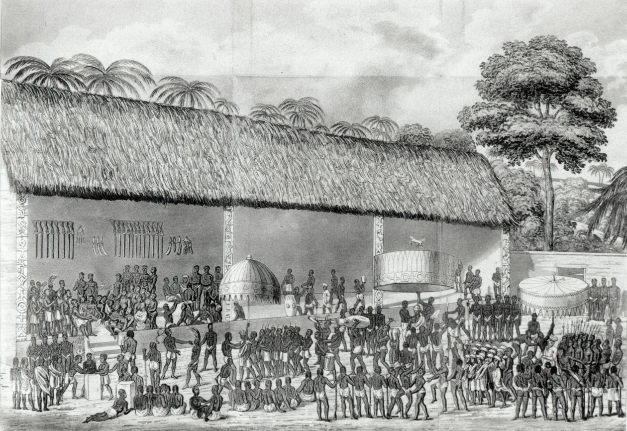 Náboženský festival Adai na dvoře krále Ashanti v březnu 1820, z „Journal of a Residence in Ashantee“ od Dupuise, publikovaného v roce 1824 od Joseph Dupuis