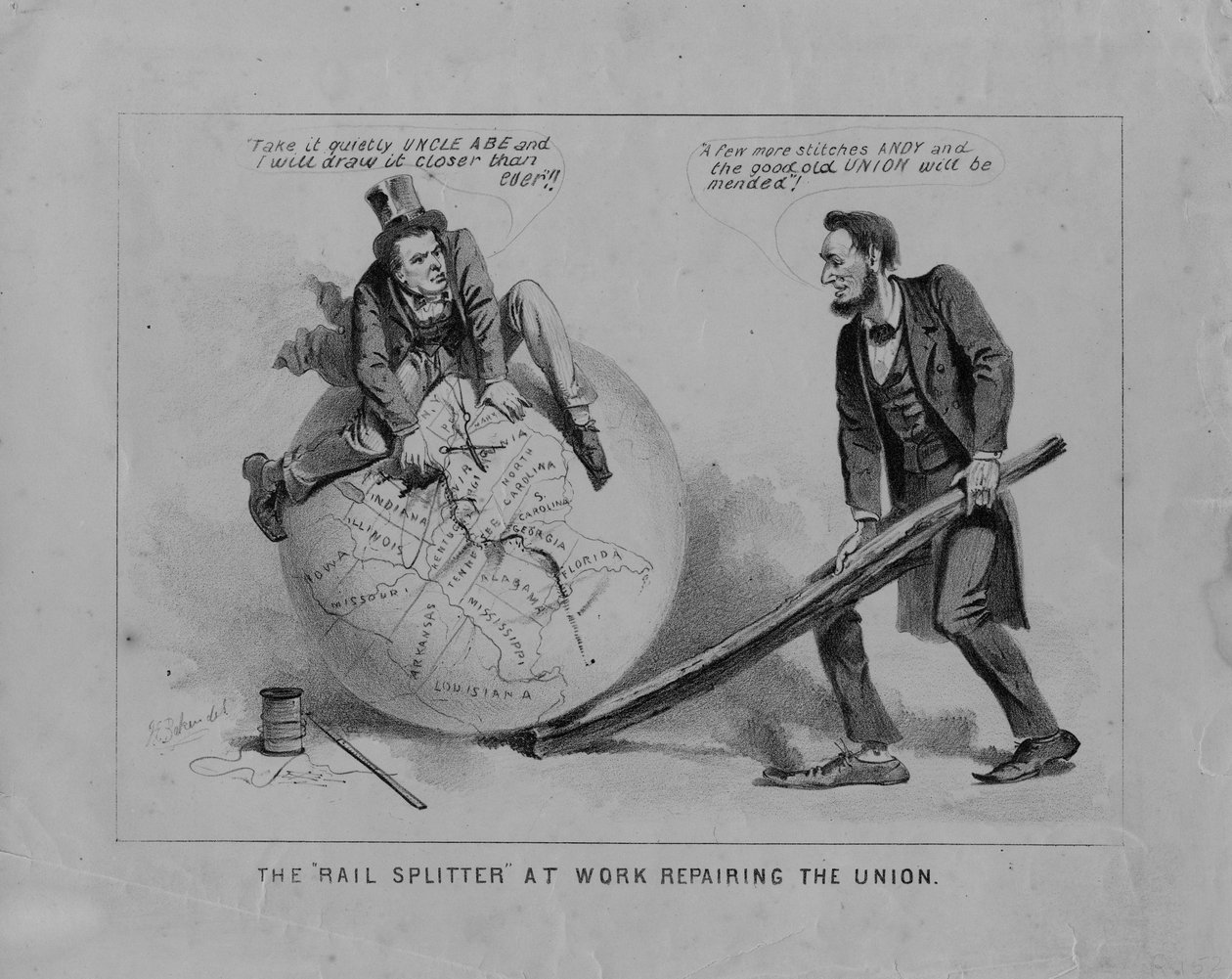 Rail Splitter při práci na opravě Union, c.1865 litho od Joseph Baker