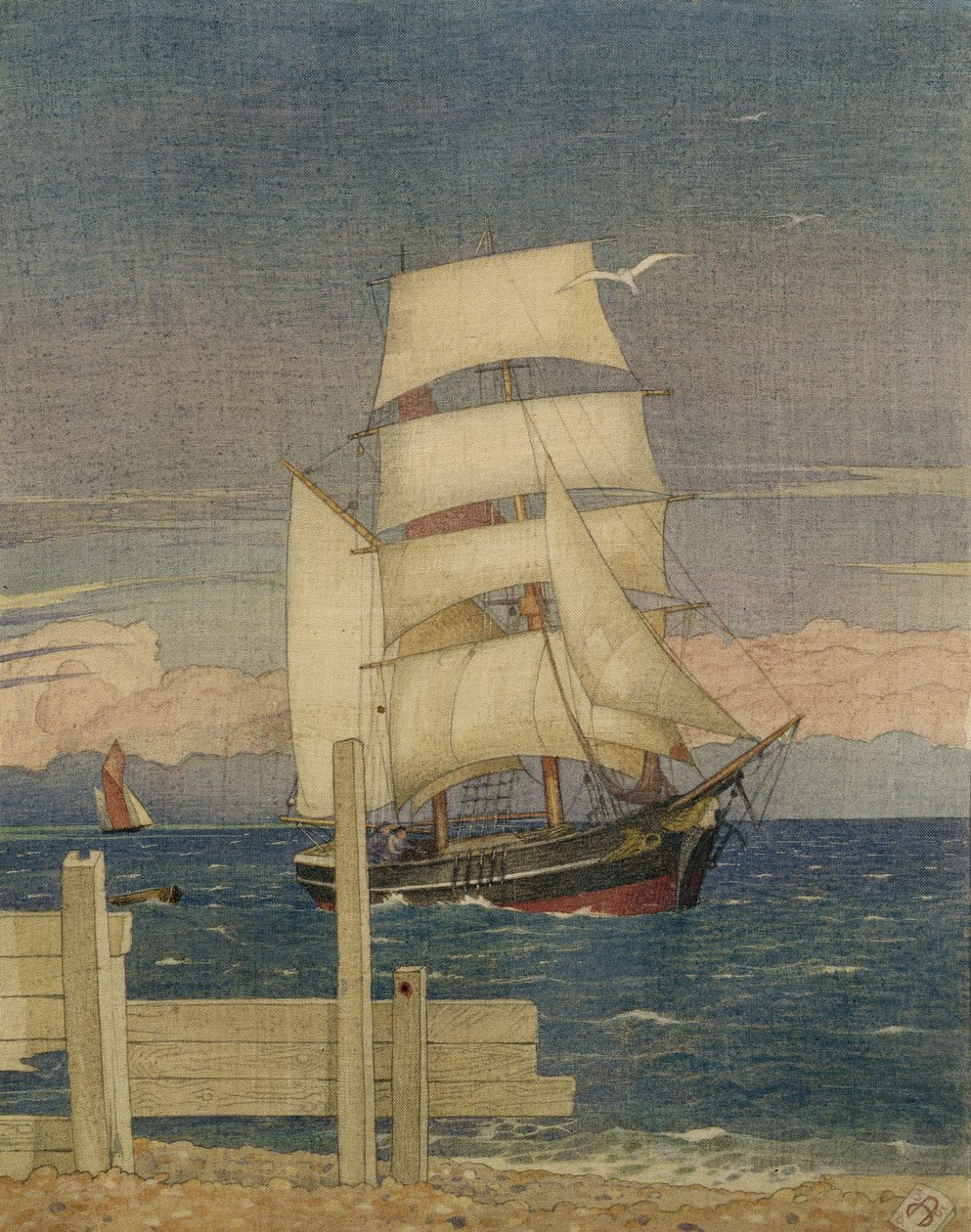 Tall Ship, 1935 (wc a tužka na látce) od Joseph Edward Southall