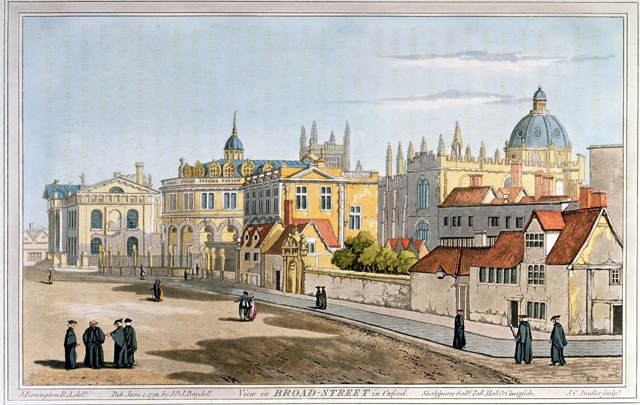 Broad Street, Oxford, rytina, 1793 od Joseph Farington