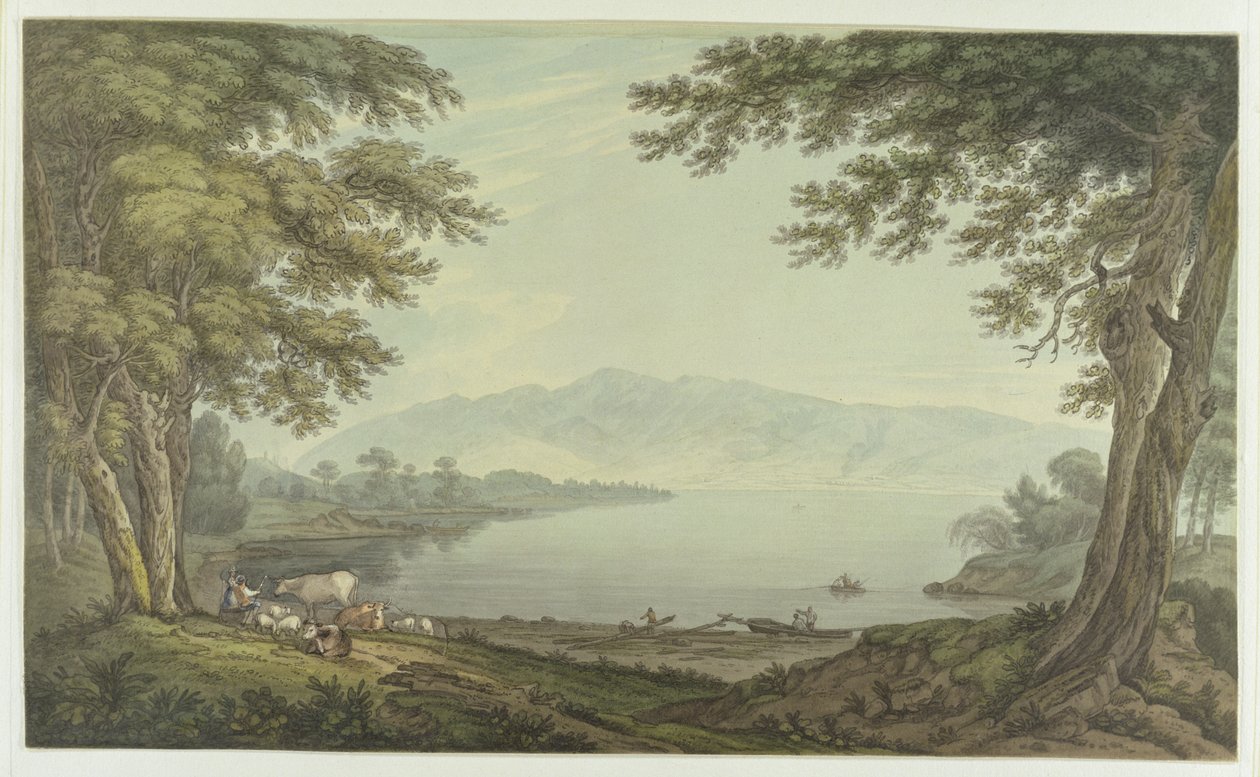 Skiddaw a Derwent Water (pero a inkoust s wc přes grafit na tkaném papíře) od Joseph Farington