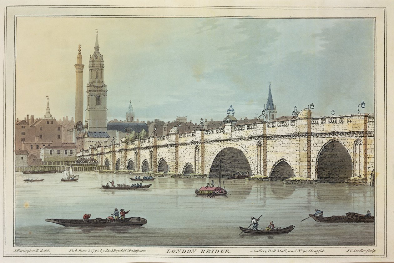 Pohled na Old London Bridge, rytina J.C. Stadlera (fl.1780-1812), 1795 (kolorovaná akvatinta) od Joseph Farington
