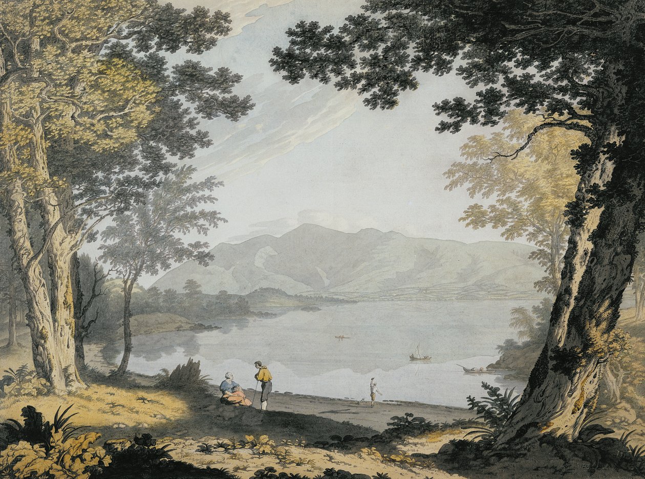 Pohled na Skiddaw a Derwentwater, cca 1780 (wc a pero přes tužku) od Joseph Farington