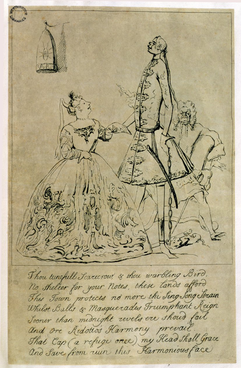Thou Tuneful Scarecrow a Thou Warbling Bird, karikatura Farinelliho, Cuzzoniho a Heideggera, údajně vyleptaná z návrhu hraběnky z Burlingtonu, 30. léta 18. století od Joseph Goupy