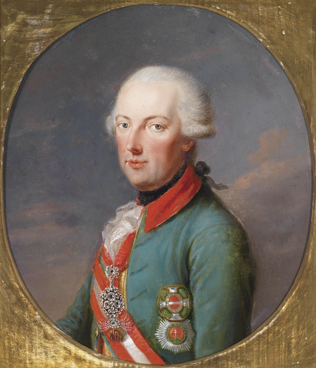 Císař Josef II v důstojnické uniformě Chevaux Legers s řádem zlatého rouna v diamantech, řádem Marie Terezie a řádem svatého Štěpána od Joseph Hickel