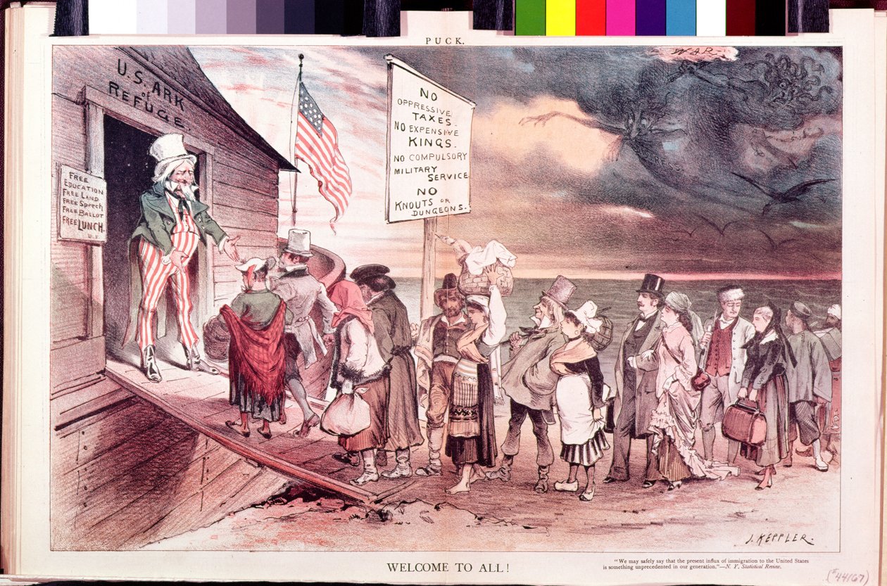 Vítejte všichni, ilustrace z amerického časopisu Puck od Joseph Keppler