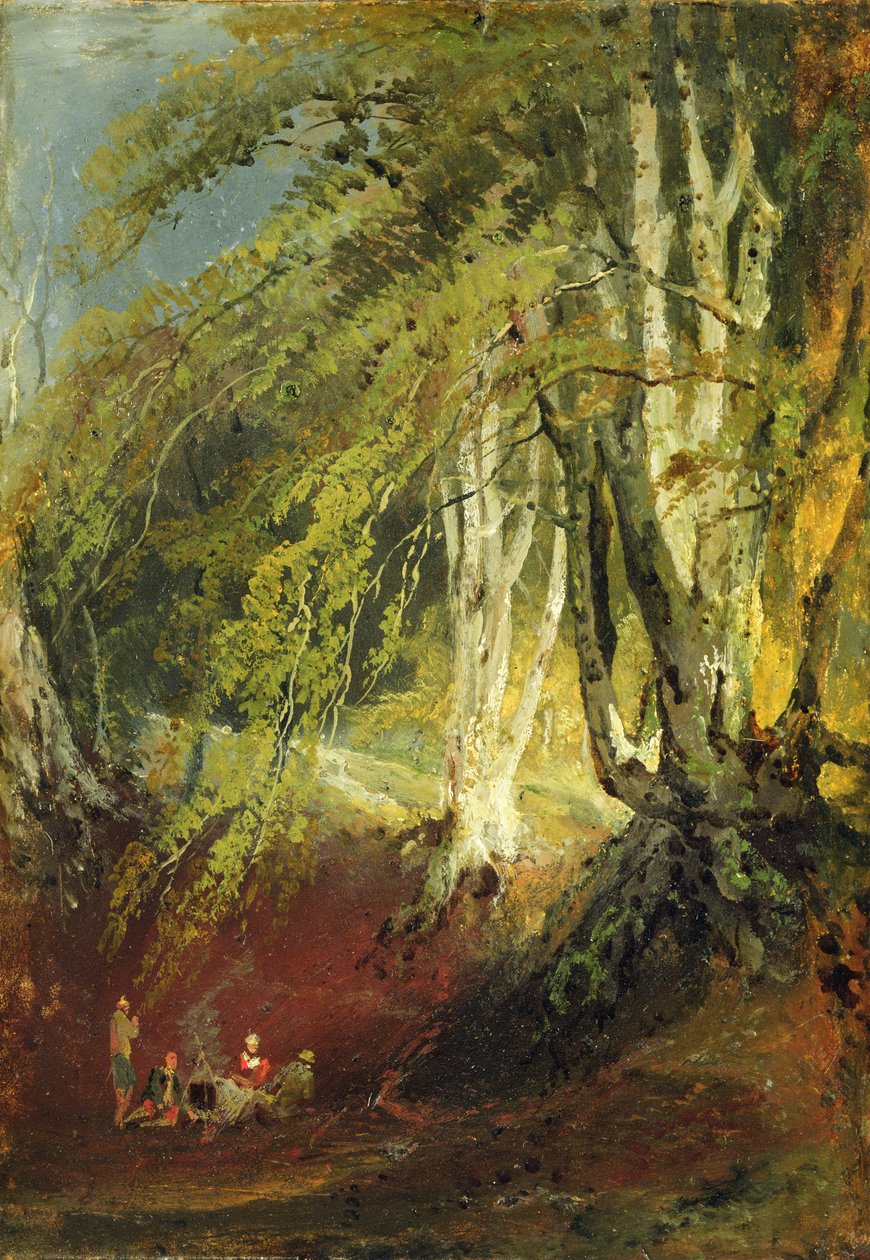 Bukové dřevo s cikány sedícími u táborového ohně, kolem 1799-1801 (olej na papíře položený na panelu) od Joseph Mallord William Turner