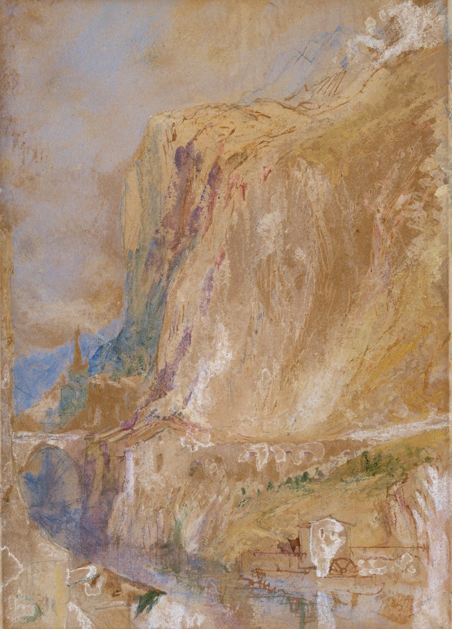 A Valley in the Alps, c.1843 (tužka, wc, pero a hnědý inkoust zvýrazněný tělovou barvou na papíře) od Joseph Mallord William Turner