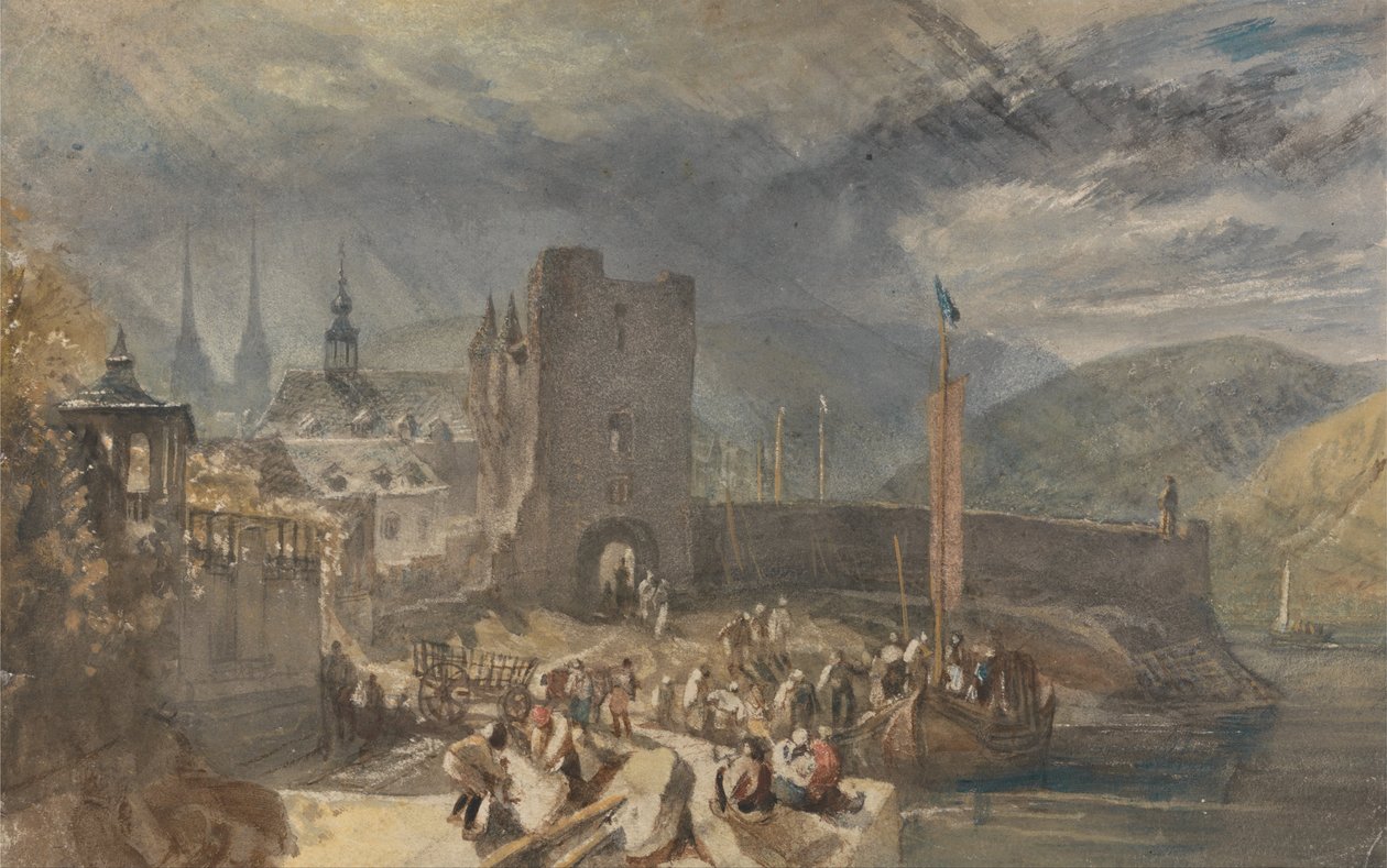 Pohled na Boppart s postavami na břehu řeky od Joseph Mallord William Turner