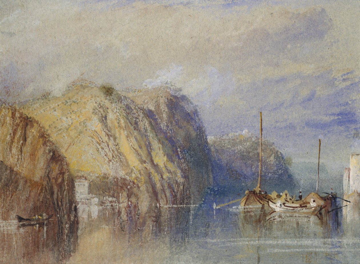 Mezi Clairmont a Mauves, 1826 - 1830 (akvarel s tělovou barvou a perem a hnědým inkoustem na modrém papíře) od Joseph Mallord William Turner