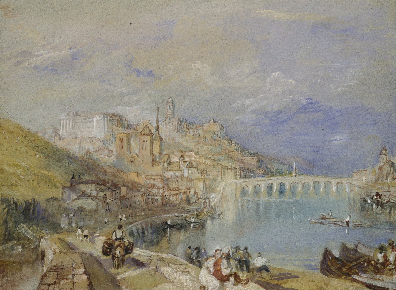 Blois, asi 1830 (akvarel s tělovou barvou a perem a hnědou a černou tuší na modrém papíře) od Joseph Mallord William Turner