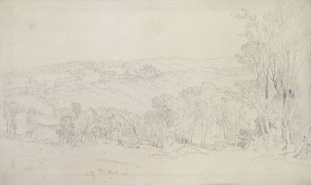 Vzdálený pohled na hrad Lowther (parková scéna), 1809 (grafit na tkaném papíře) od Joseph Mallord William Turner