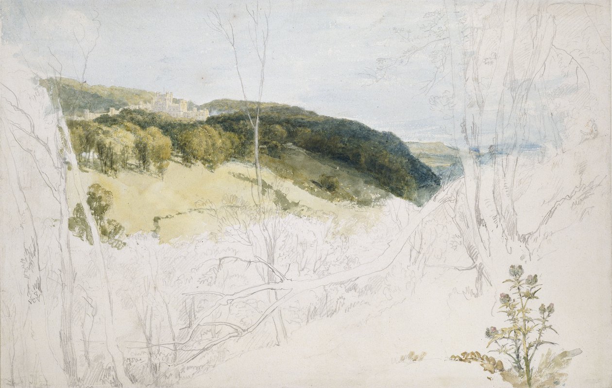 Vzdálený pohled na hrad Lowther (parková scéna), 1809 (akvarel a grafit na tkaném papíře) od Joseph Mallord William Turner