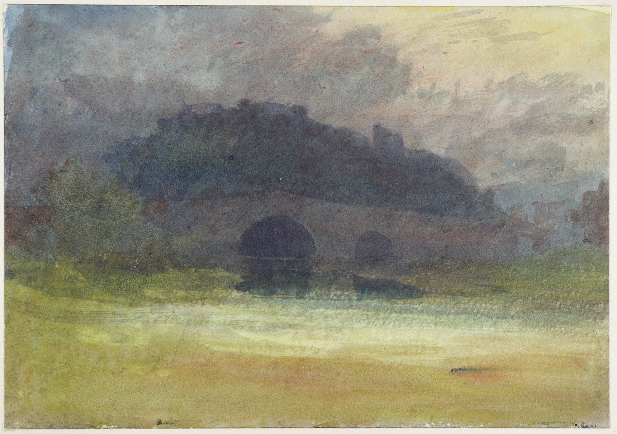 Večerní krajina s hradem a mostem v Yorkshiru, cca 1798-99 (wc na tkaném papíře) od Joseph Mallord William Turner