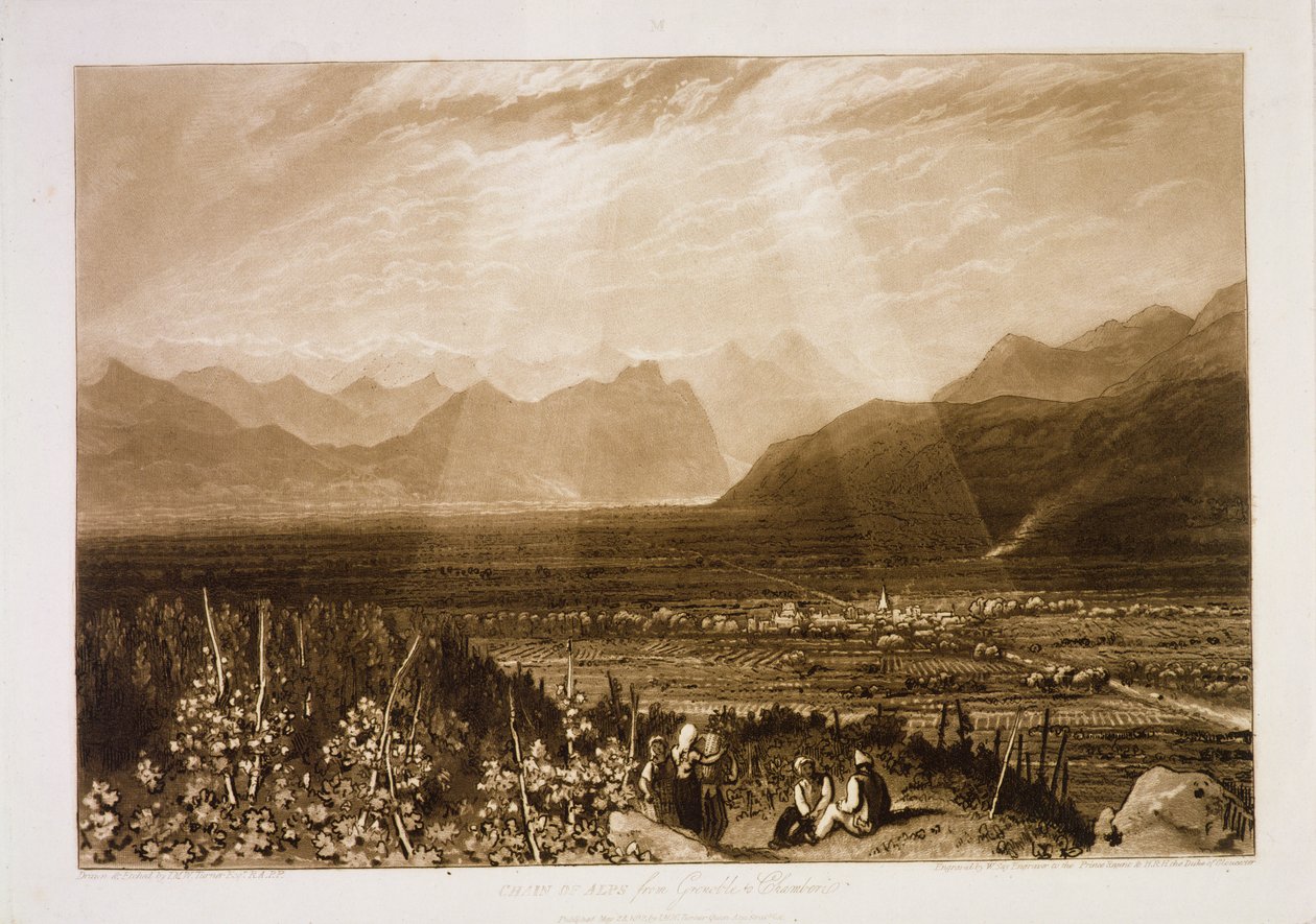 F.49.I Řetězec Alp z Grenoblu do Chamberi, z „Liber Studiorum“, vyryl William Say, 1812 od Joseph Mallord William Turner
