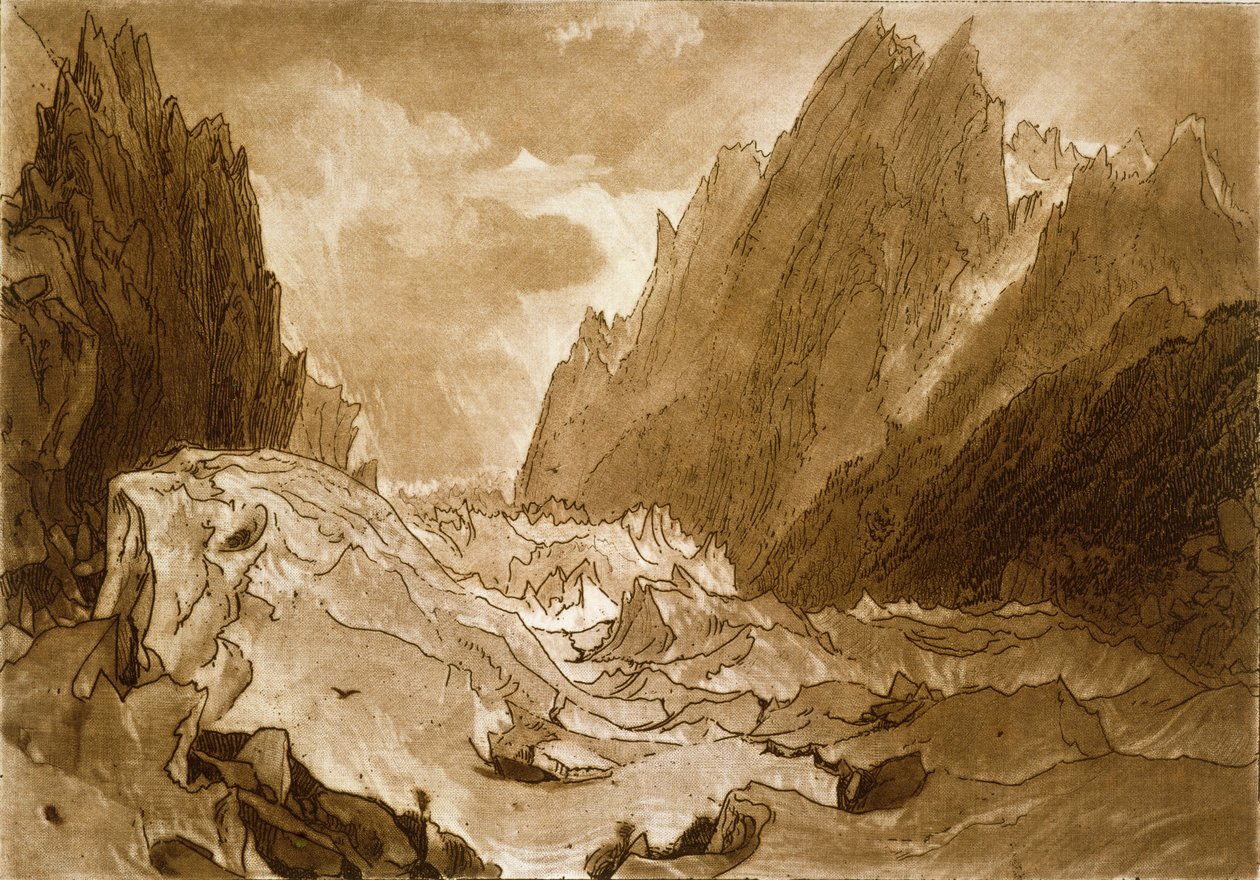 F.50.I Mer de Glace, Valley of Chamouni, Savoy, z „Liber Studiorum“, vyryto umělcem, 1812 od Joseph Mallord William Turner