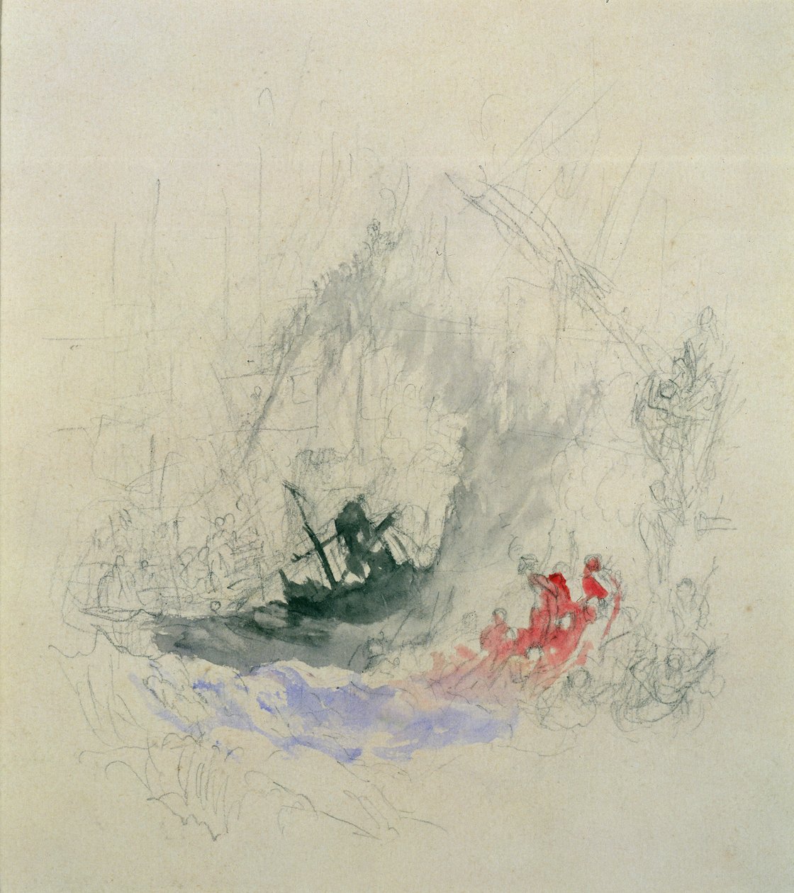 Fire at Sea, návrh na vinětu, 1835 (tužka a wc na papíře) od Joseph Mallord William Turner