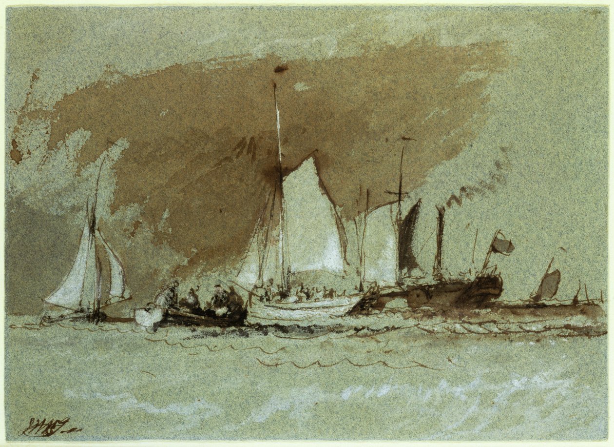 Rybářské lodě na moři, nalodění na parník u ostrova Wight (indický inkoust zvýrazněný bílou barvou na papíře) od Joseph Mallord William Turner