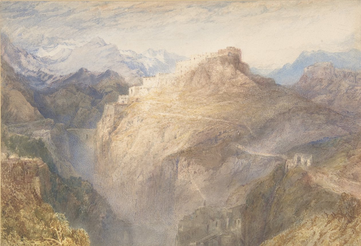 Fort of LEssillon, Val de la Maurienne, Francie, 1836 (wc a kvaš přes grafit) od Joseph Mallord William Turner