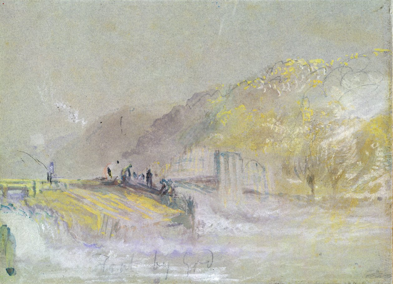 Faul by God: River Landscape with Anglers Fishing from a Weir, c.1830 (wc and bodycolour s tužkou a křídou na papíře) od Joseph Mallord William Turner
