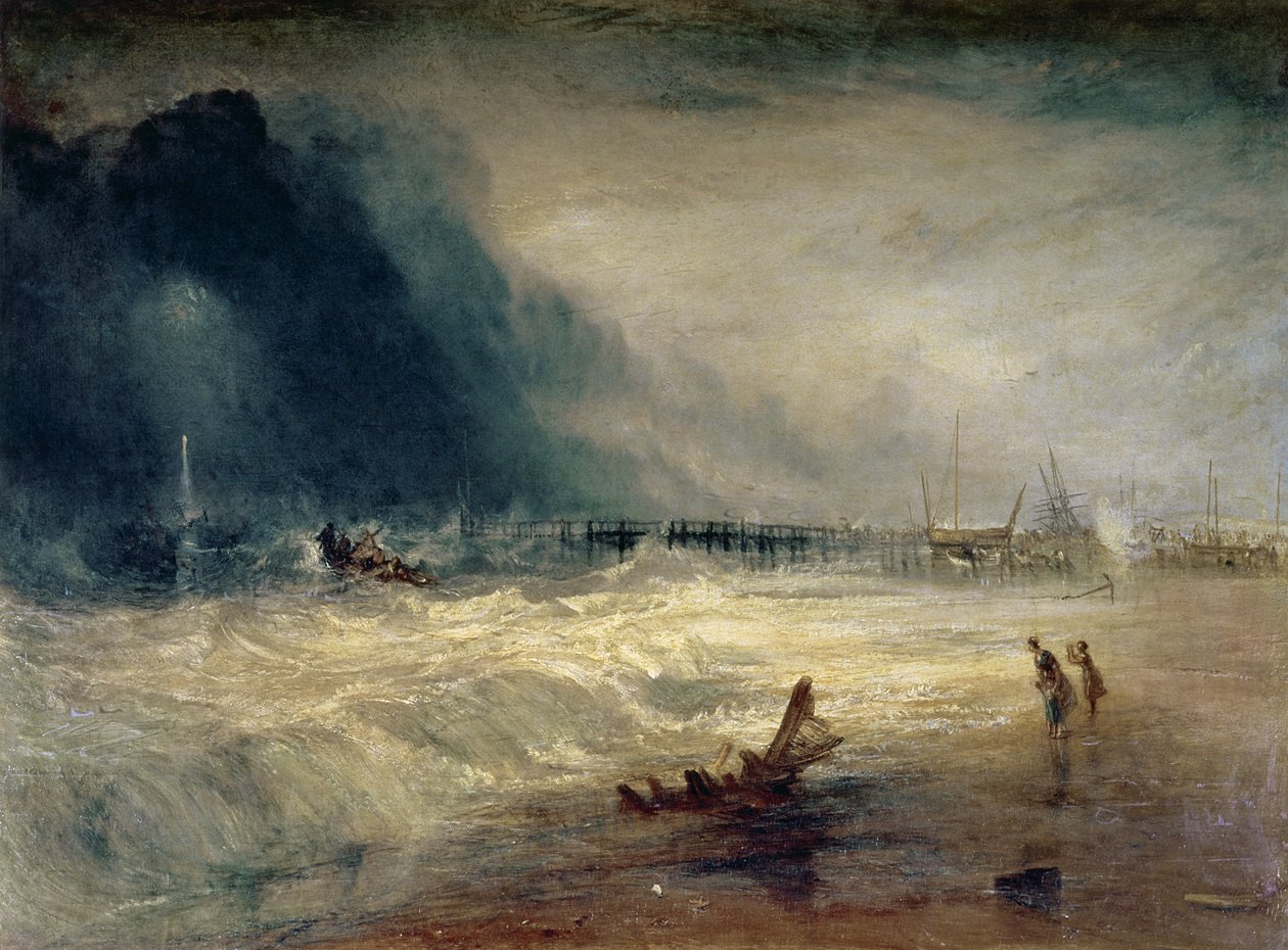 Záchranný člun a přístroj Manby vyjíždějící k uvízlému plavidlu a dávající signál (modrá světla) o nouzi , asi 1831 od Joseph Mallord William Turner