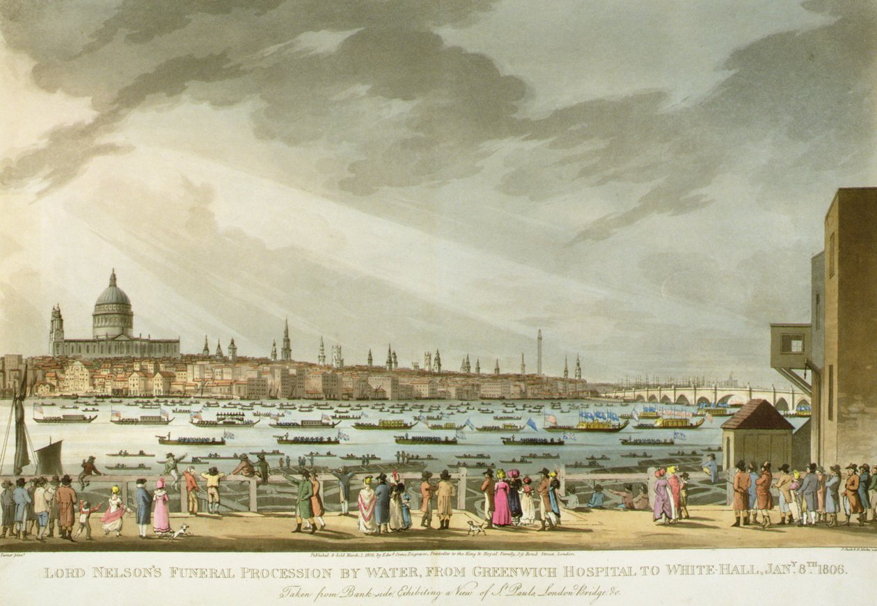 Pohřební průvod lorda Nelsona po vodě z Greenwiche do Whitehallu z „Historie a grafického života Nelsona“, vyryl J. Clark a H. Marke, hospoda. od Orme, 1806 od Joseph Mallord William Turner