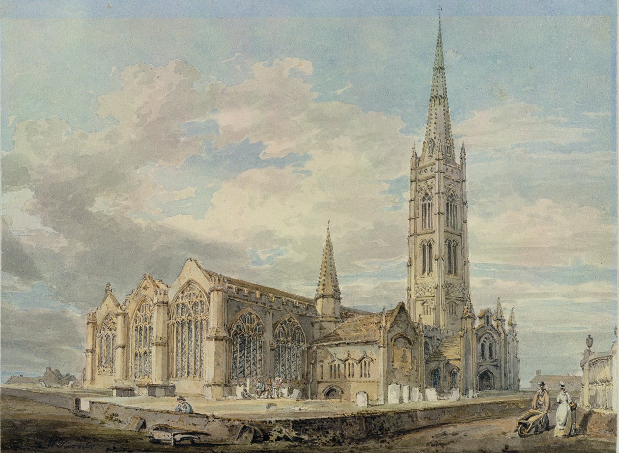Severovýchodní pohled na kostel v Granthamu, Lincolnshire, asi 1797 (čb na papíře) od Joseph Mallord William Turner
