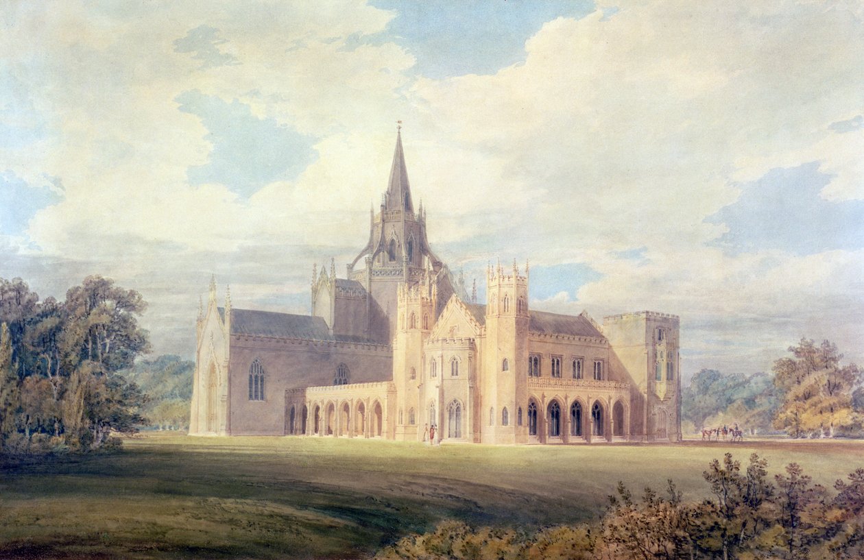 Perspektivní pohled na opatství Fonthill z jihozápadu, kolem roku 1799 (wc und kvaš na papíře) od Joseph Mallord William Turner