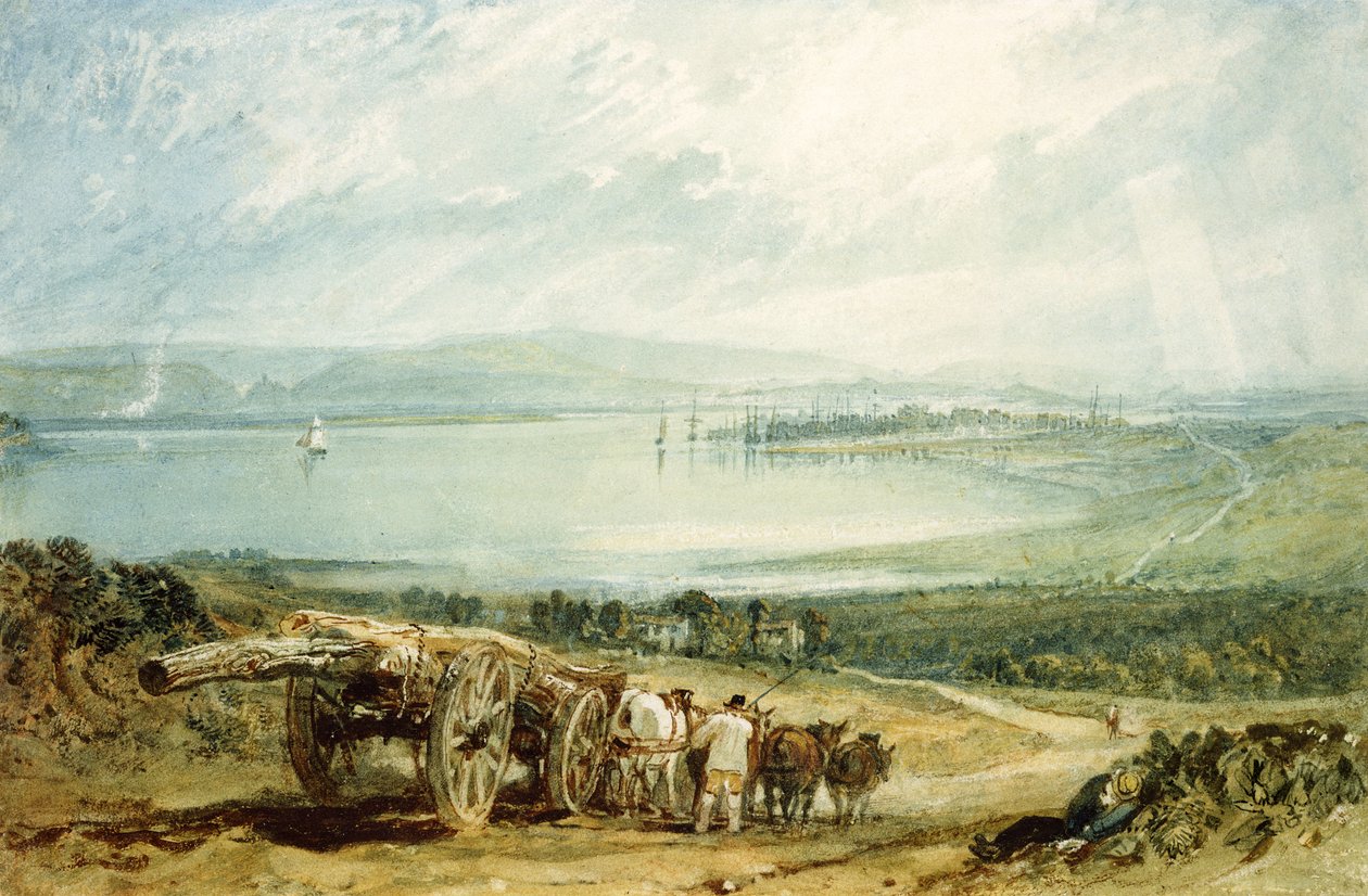 Poole, Dorset s hradem Corfe v dálce (Wc zvýrazněná barvou těla na papíře) od Joseph Mallord William Turner