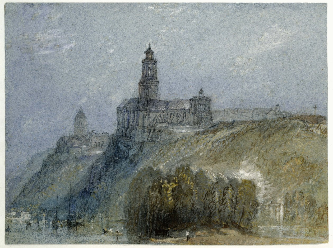 Saint-Florent-le-Vieil, c. 1826-30 (akvarel a tělová barva perem a černohnědým inkoustem na modrém papíře) od Joseph Mallord William Turner