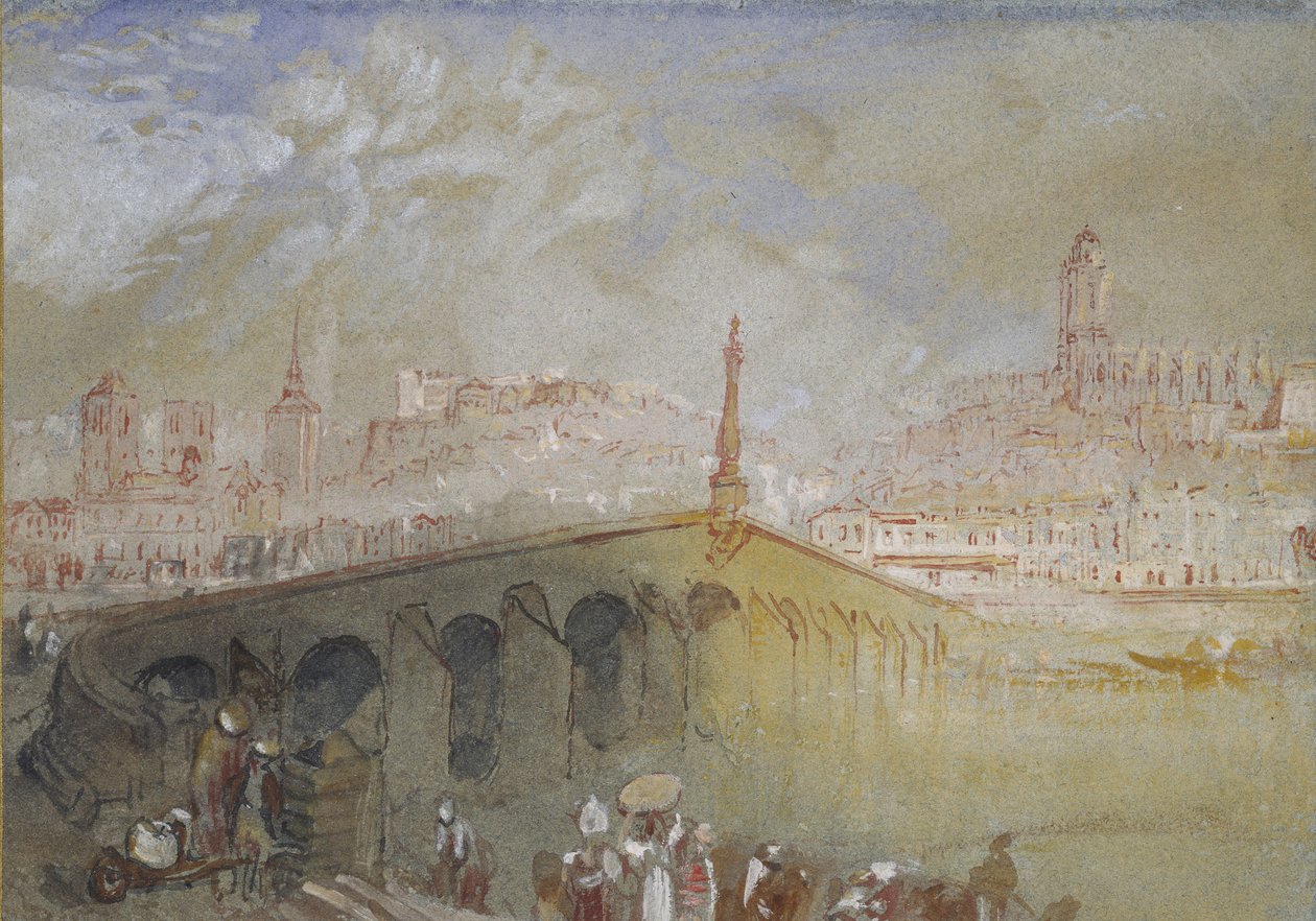 The Bridge at Blois: Fog Clearing, 1826 - 1830 (akvarel s tělovou barvou a perem a červeným a černým inkoustem) od Joseph Mallord William Turner