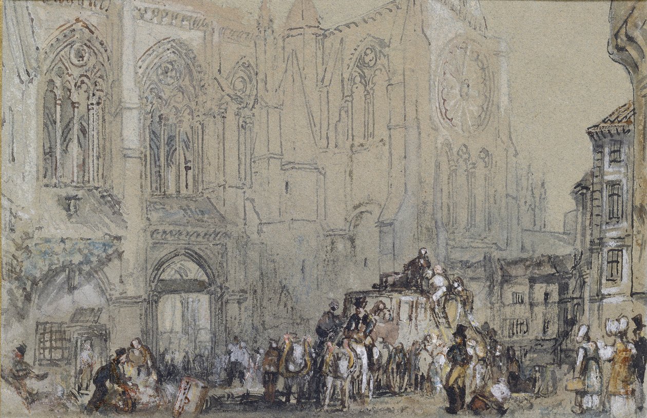 Kostel St Julien, Tours, c. 1830 (akvarel přes grafit s tělovou barvou a perem a hnědým a černým inkoustem) od Joseph Mallord William Turner