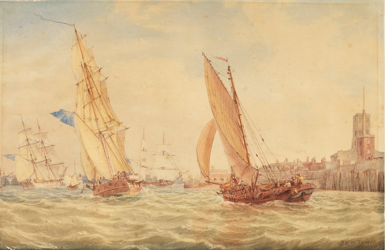 Tři válečné šalupy a rybářský člun vyjíždějící do přístavu, Portsmouth, asi 1800-30 od Joseph Mallord William Turner