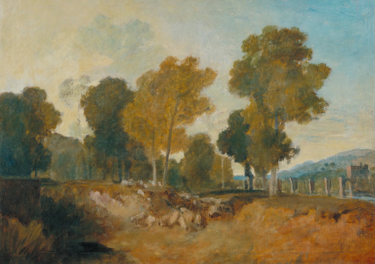 Stromy u řeky s mostem ve střední vzdálenosti od Joseph Mallord William Turner