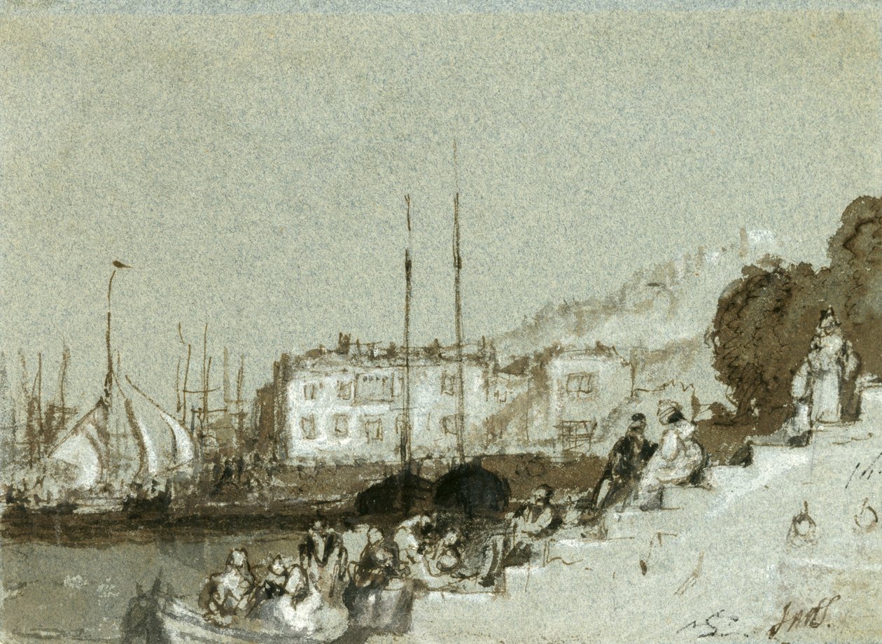 Pohled na Seaport East Cowes, Isle of Wight, 1828 (inkoust, mytí a bílá křída na modrém papíře) od Joseph Mallord William Turner