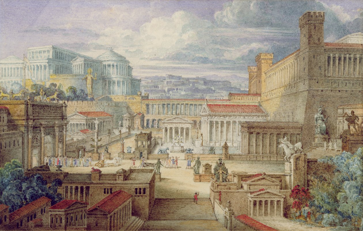 Scéna ve starověkém Římě, prostředí pro Tita Andronika, dějství I, scéna 3, kolem roku 1830 (wc a kvaš s perem a inkoustem na papíře) od Joseph Michael Gandy