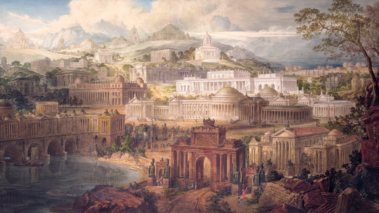 Architectural Visions of Early Fancy, in the Gay Morning of Youth, and Dreams in the Evening of Life, 1820 (pero, inkoust a wc na papíře) od Joseph Michael Gandy