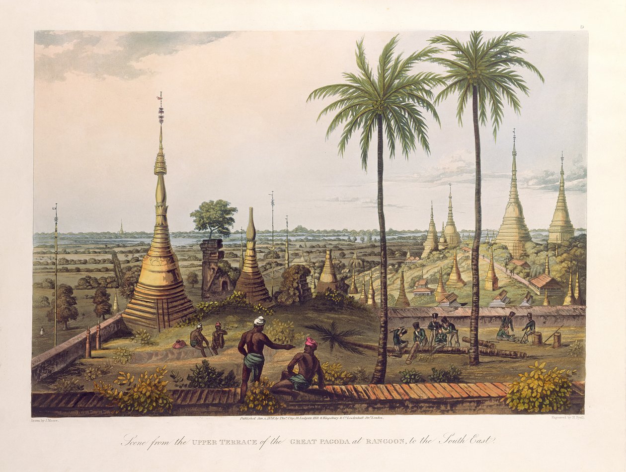 Scéna z horní terasy Velké pagody v Rangúnu na jihovýchod, vyryla H. Pyall, hospoda. od Kingsbury und Co., 1826 (barevná akvatinta) od Joseph Moore